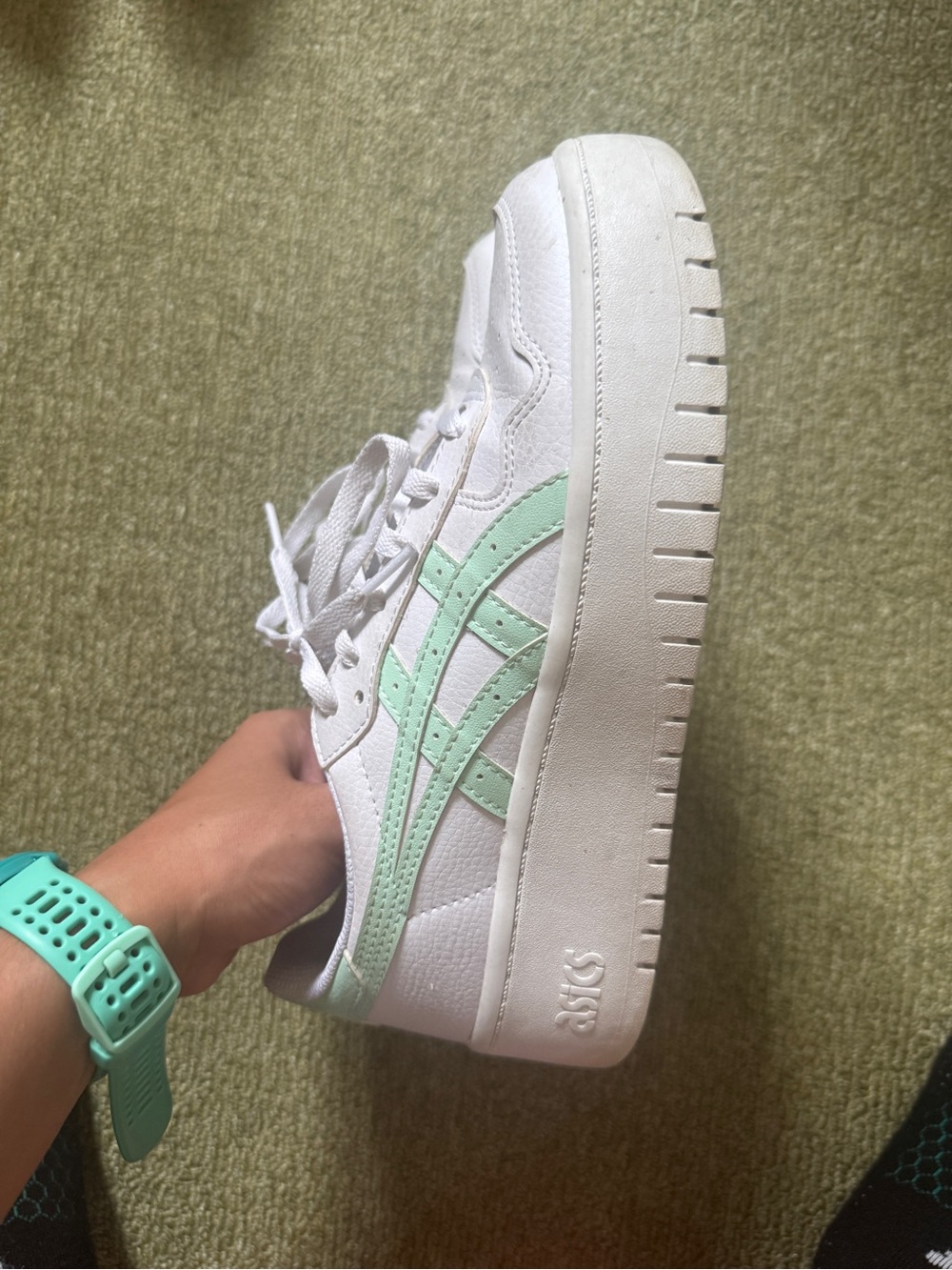 ASICS White Sneakers with Mint Stripe